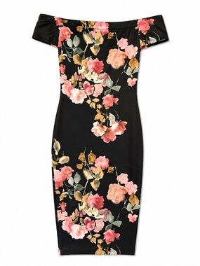 Windsor Off Shoulder Black Rose Print Midi Dress XS